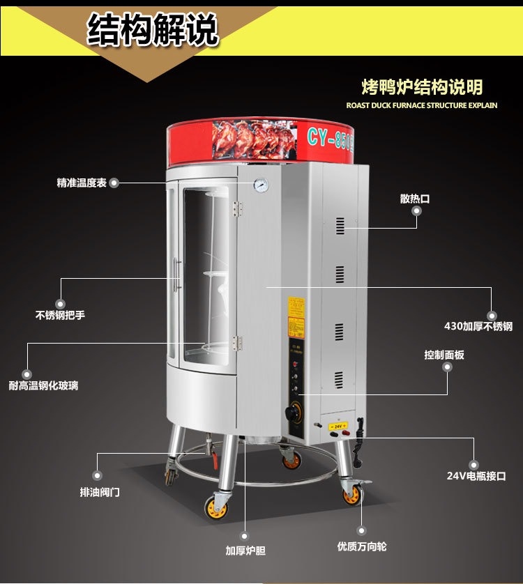 商用燃氣木炭烤箱 自動旋轉(zhuǎn)烤鴨爐鋼化玻璃 電熱烤雞烤鴨爐設(shè)備