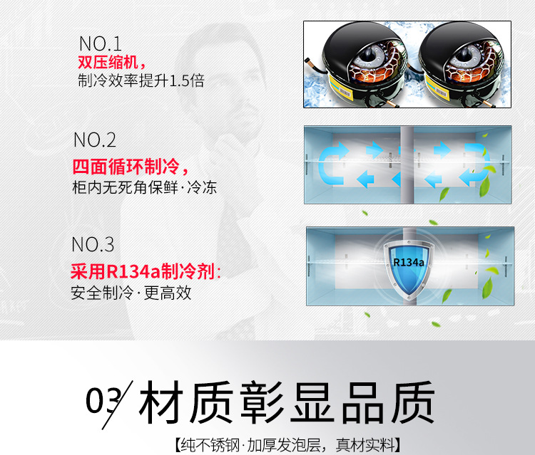 XINGX/星星BCD-840E不銹鋼四門冰柜雙機雙溫冷藏冷凍廚房冰箱商用