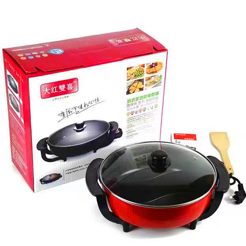 廠家批發大紅雙喜鴛鴦鍋大容量家用電火鍋韓式多功能電熱鍋不粘鍋
